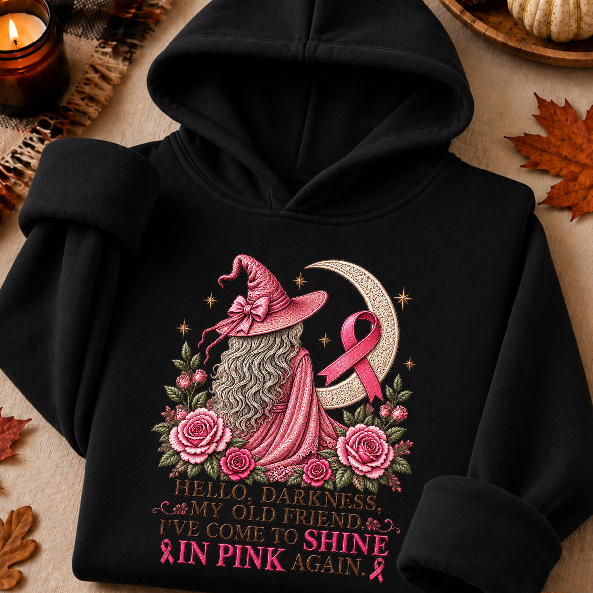 Hello Darkness My Old Friend I've Come to Shine in Pink Again Witch Breast Cancer Awareness T-Shirt