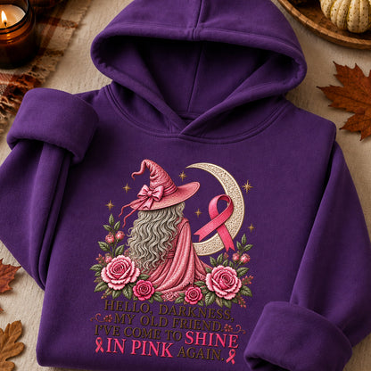 Hello Darkness My Old Friend I've Come to Shine in Pink Again Witch Breast Cancer Awareness T-Shirt
