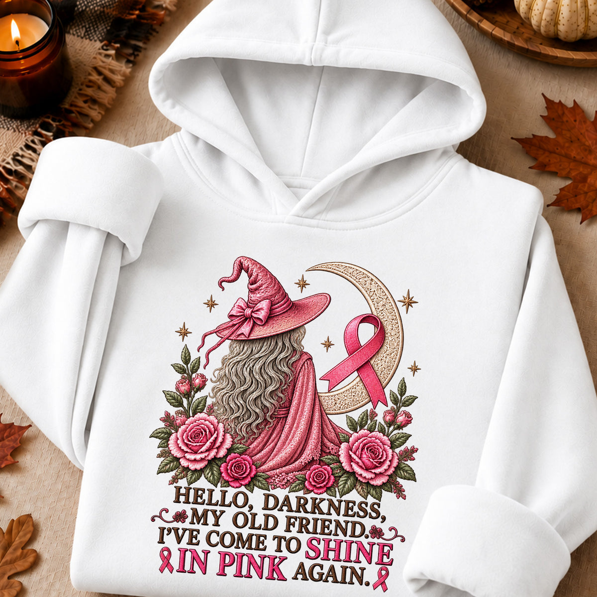 Hello Darkness My Old Friend I've Come to Shine in Pink Again Witch Breast Cancer Awareness T-Shirt