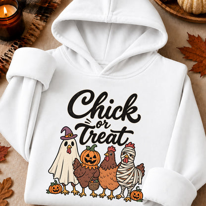 Chick or Treat Halloween T-Shirt, Costume Chicken and Pumpkin Graphic Tee