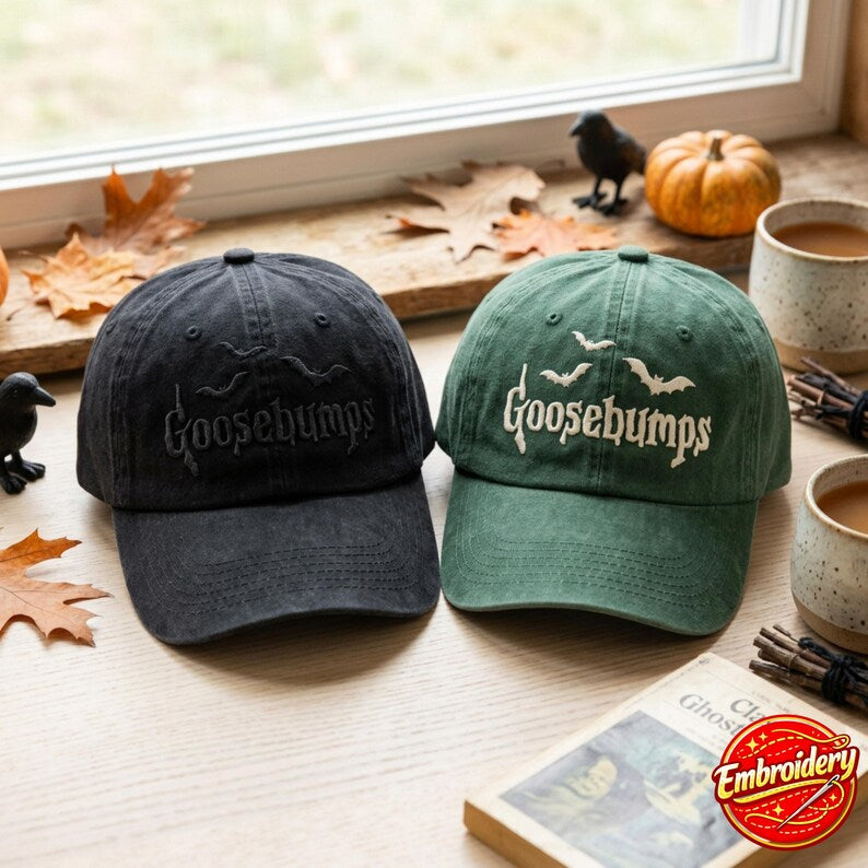 Embroidered Halloween Goosebumps Washed Hat, Haunted House Cap, Horror Graphic Cap, Halloween Movie Cap