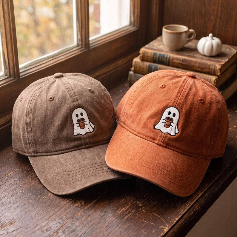 Embroidered Ghost Coffee Hat, Distressed Baseball Cap, Autumn Halloween Accessory