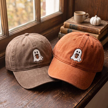 Embroidered Ghost Coffee Hat, Distressed Baseball Cap, Autumn Halloween Accessory