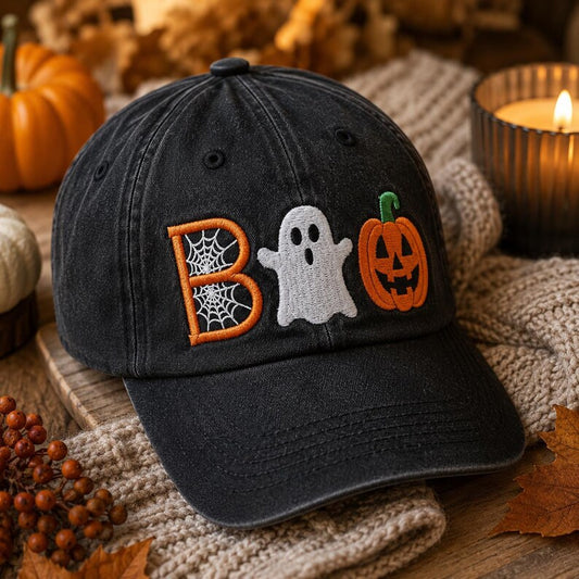 BOO Halloween Embroidered Hat, Ghost Pumpkin Spider Web Cap, Spooky Season Baseball Hat