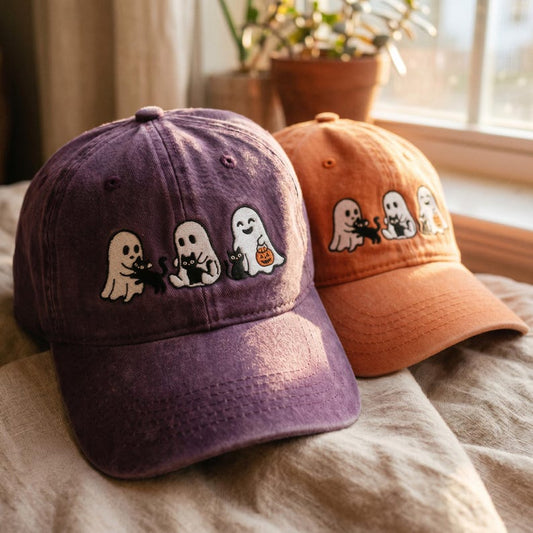 Embroidered Ghost Cat Baseball Hat, Spooky Season Washed Cap