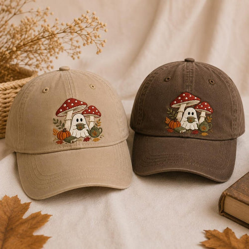 Embroidered Ghost Mushroom Hat, Cottagecore Fall Baseball Cap