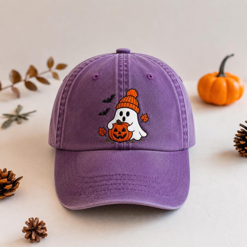 Embroidered Halloween Washed Hat – Ghost & Pumpkin Cotton Cap