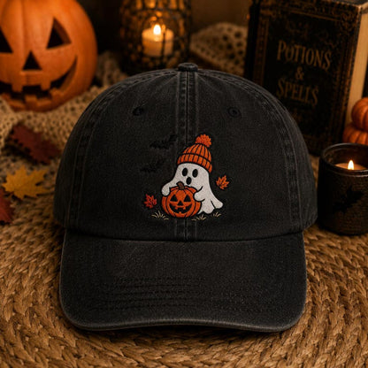 Embroidered Halloween Washed Hat – Ghost & Pumpkin Cotton Cap