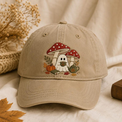 Embroidered Ghost Mushroom Hat, Cottagecore Fall Baseball Cap