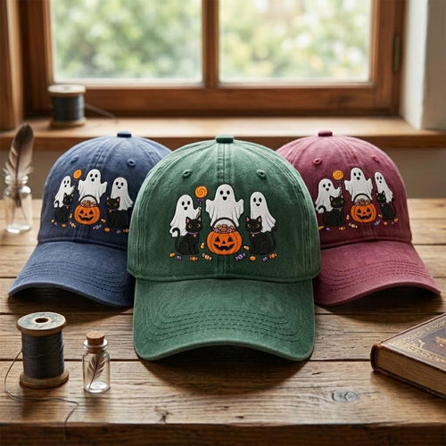 Spooky Halloween Embroidered Hat, Cute Ghost Pumpkin Witch Bat Washed Dad Cap, Halloween Lover Gift
