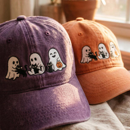 Embroidered Ghost Cat Baseball Hat, Spooky Season Washed Cap