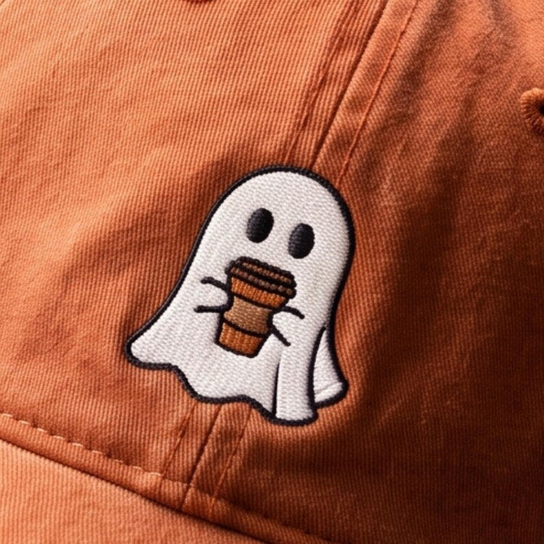 Embroidered Ghost Coffee Hat, Distressed Baseball Cap, Autumn Halloween Accessory