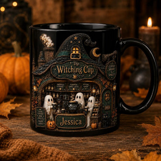 Cute Halloween Mug, Ghost Pumpkin Witch Hat Coffee 2D Mug, Spooky Cute Ceramic Mug