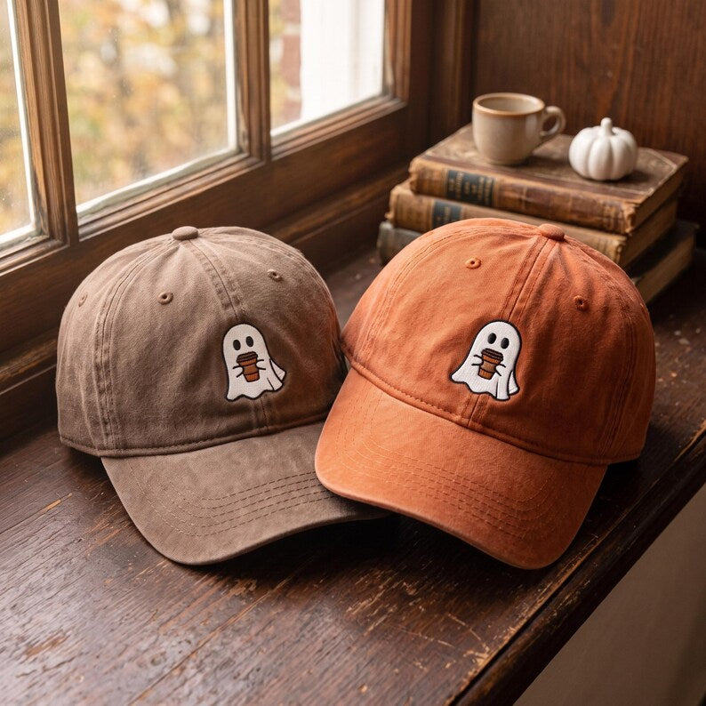 Embroidered Ghost Coffee Hat, Distressed Baseball Cap, Autumn Halloween Accessory