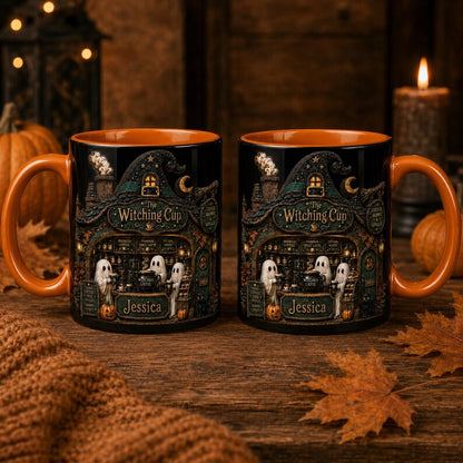 Cute Halloween Mug, Ghost Pumpkin Witch Hat Coffee 2D Mug, Spooky Cute Ceramic Mug