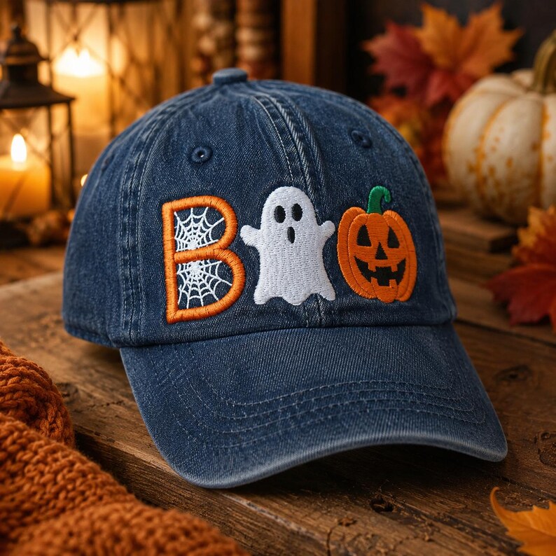 BOO Halloween Embroidered Hat, Ghost Pumpkin Spider Web Cap, Spooky Season Baseball Hat