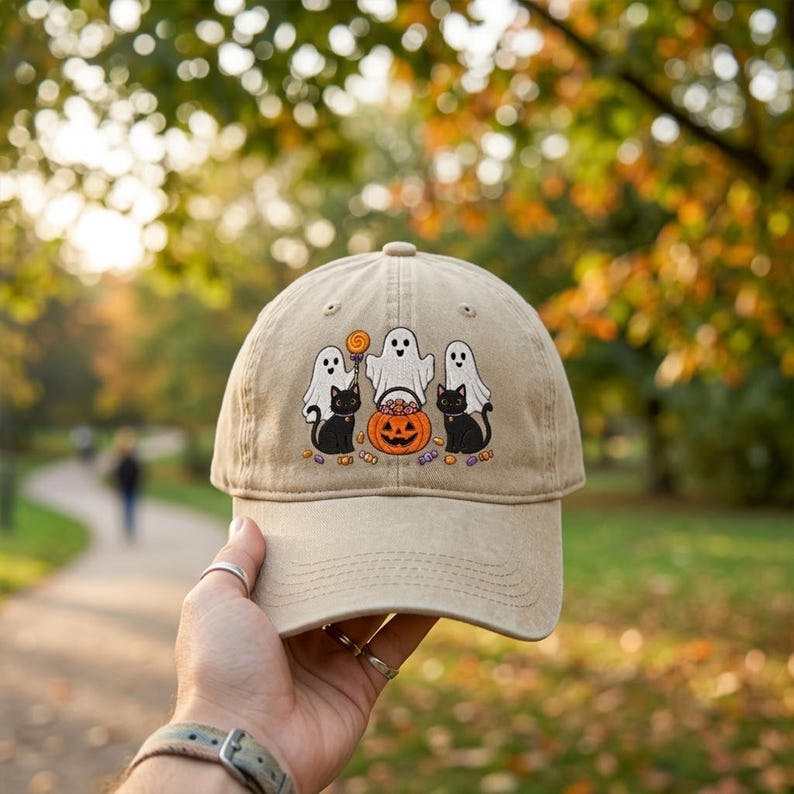 Spooky Halloween Embroidered Hat, Cute Ghost Pumpkin Witch Bat Washed Dad Cap, Halloween Lover Gift