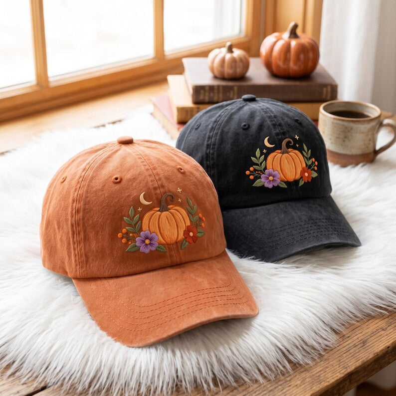 Embroidered Pumpkin Washed Baseball Cap – Spooky Fall Hat