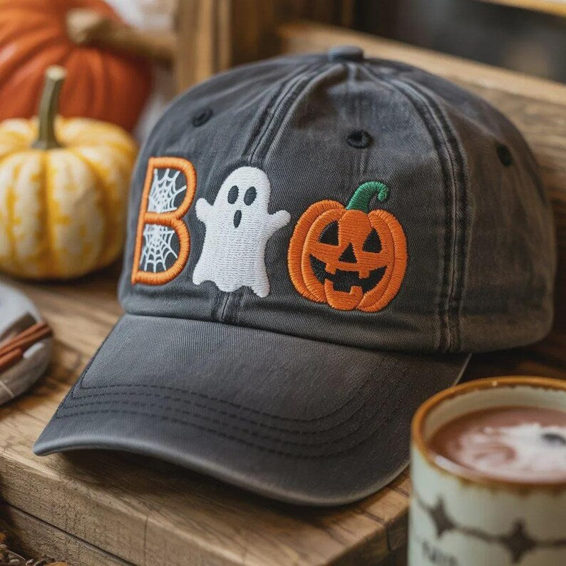 BOO Halloween Embroidered Hat, Ghost Pumpkin Spider Web Cap, Spooky Season Baseball Hat
