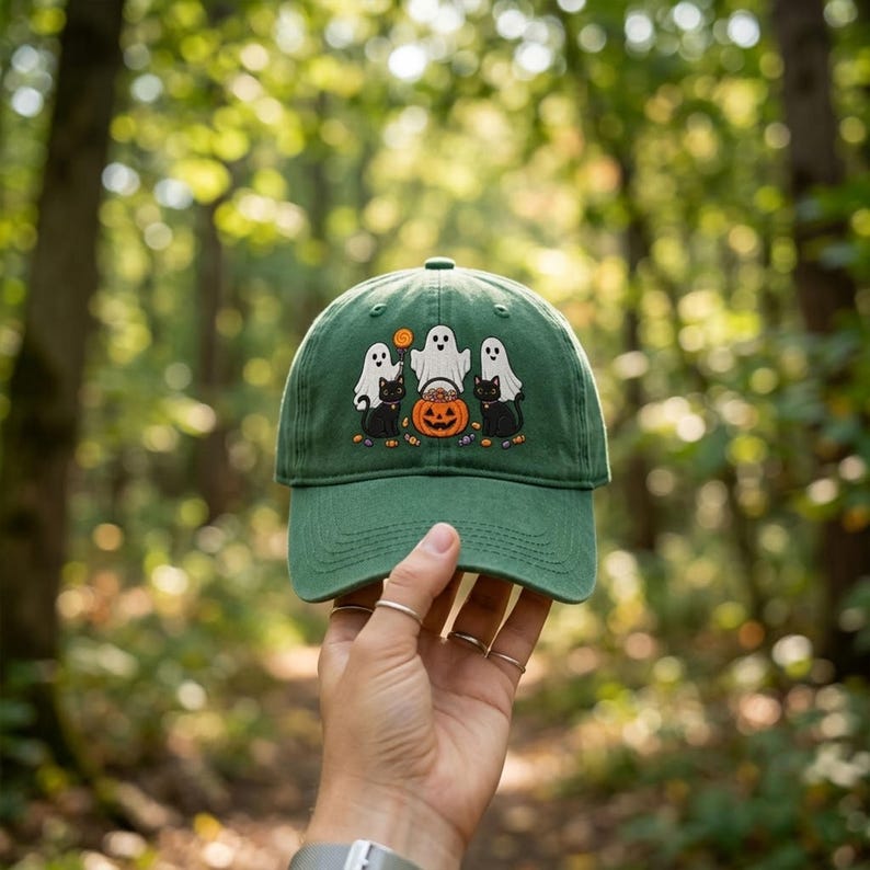 Spooky Halloween Embroidered Hat, Cute Ghost Pumpkin Witch Bat Washed Dad Cap, Halloween Lover Gift