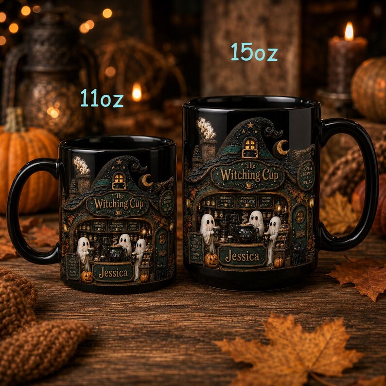 Cute Halloween Mug, Ghost Pumpkin Witch Hat Coffee 2D Mug, Spooky Cute Ceramic Mug