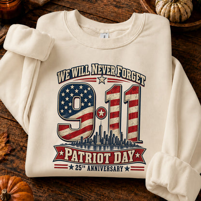 We Will Never Forget 9/11 Patriot Day Skyline 25th Anniversary T-Shirt