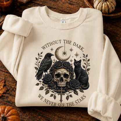 Dark Gothic Halloween T-Shirt, Black Cat & Raven Skull Spooky Tee