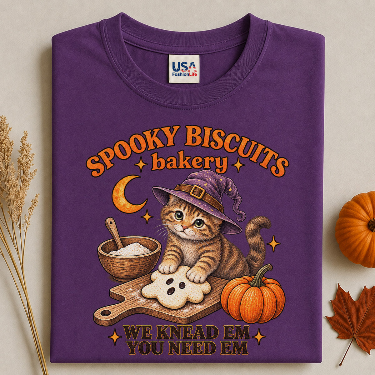 Spooky Biscuits Bakery Cat Halloween T-Shirt, We Knead ’Em You Need ’Em Witch Kitten Tee