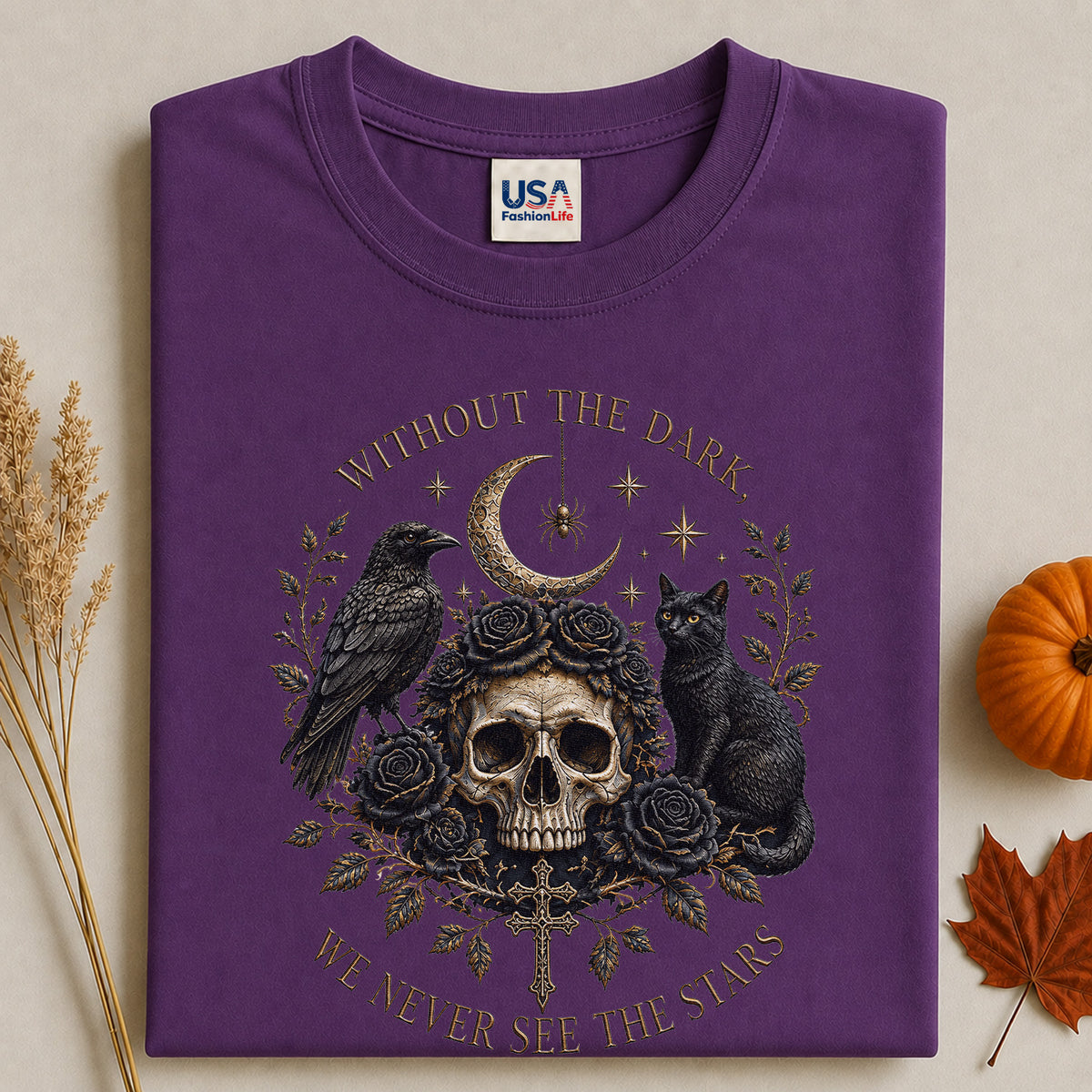 Dark Gothic Halloween T-Shirt, Black Cat & Raven Skull Spooky Tee