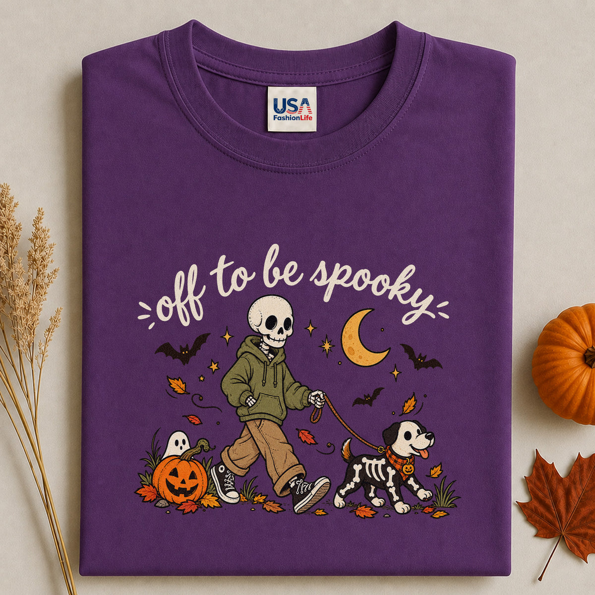 Off to Be Spooky Skeleton Walking Dog Halloween T-Shirt