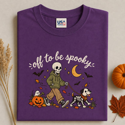 Off to Be Spooky Skeleton Walking Dog Halloween T-Shirt