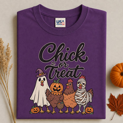 Chick or Treat Halloween T-Shirt, Costume Chicken and Pumpkin Graphic Tee