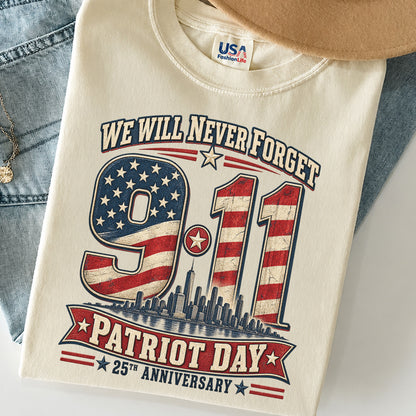 We Will Never Forget 9/11 Patriot Day Skyline 25th Anniversary T-Shirt