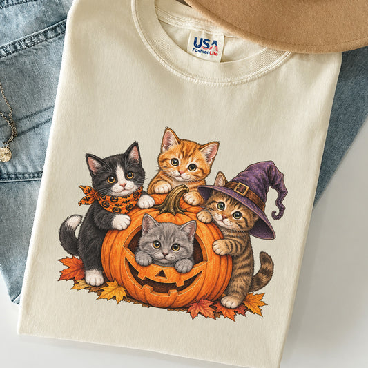 Cute Kittens in Jack-o'-Lantern Halloween T-Shirt, Cat Lover Spooky Season Tee