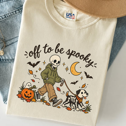 Off to Be Spooky Skeleton Walking Dog Halloween T-Shirt