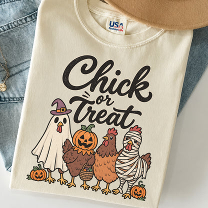Chick or Treat Halloween T-Shirt, Costume Chicken and Pumpkin Graphic Tee