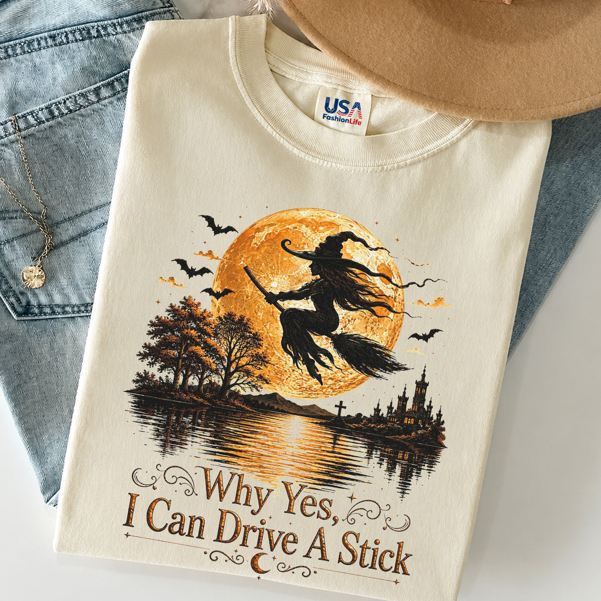 Why Yes, I Can Drive A Stick Halloween Witch T-Shirt, Vintage Spooky Tee