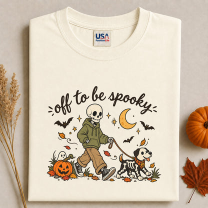 Off to Be Spooky Skeleton Walking Dog Halloween T-Shirt