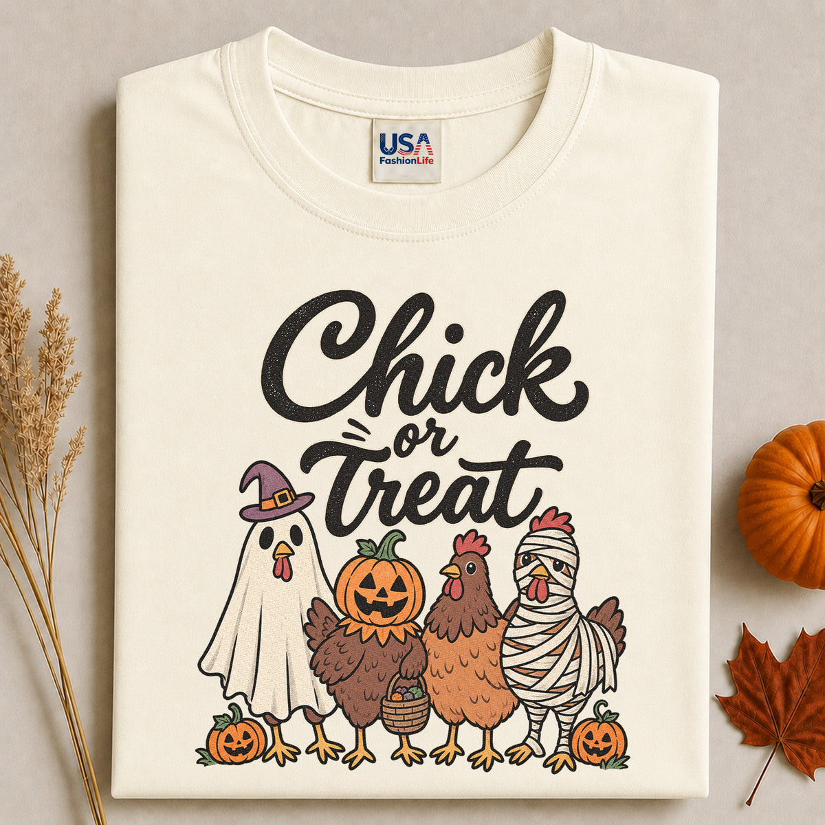 Chick or Treat Halloween T-Shirt, Costume Chicken and Pumpkin Graphic Tee