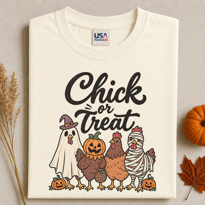 Chick or Treat Halloween T-Shirt, Costume Chicken and Pumpkin Graphic Tee