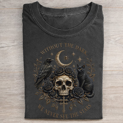 Dark Gothic Halloween T-Shirt, Black Cat & Raven Skull Spooky Tee