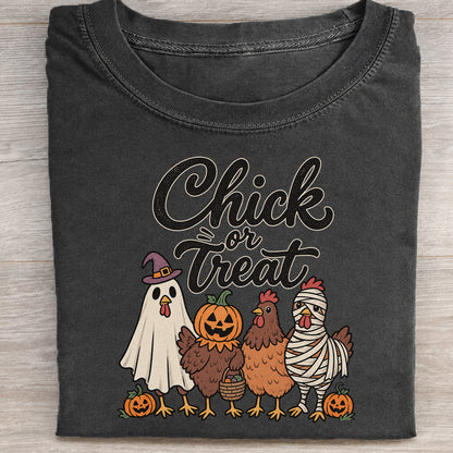 Chick or Treat Halloween T-Shirt, Costume Chicken and Pumpkin Graphic Tee