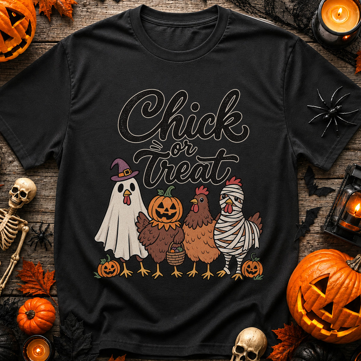 Chick or Treat Halloween T-Shirt, Costume Chicken and Pumpkin Graphic Tee