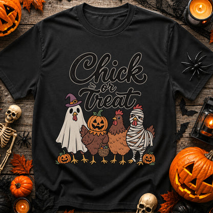 Chick or Treat Halloween T-Shirt, Costume Chicken and Pumpkin Graphic Tee