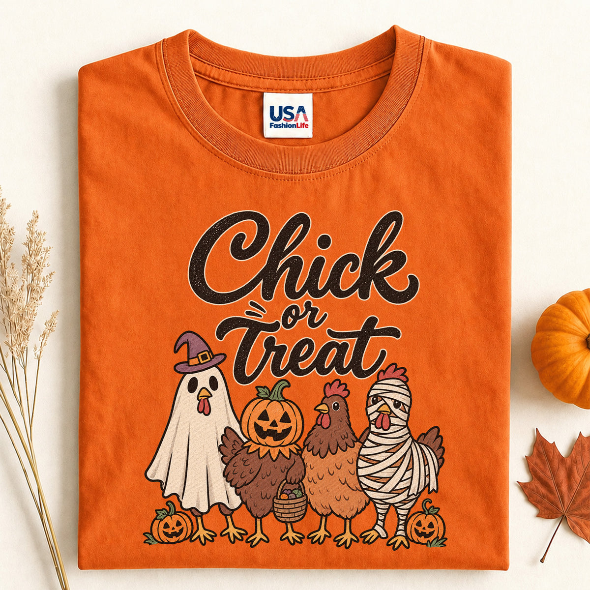 Chick or Treat Halloween T-Shirt, Costume Chicken and Pumpkin Graphic Tee