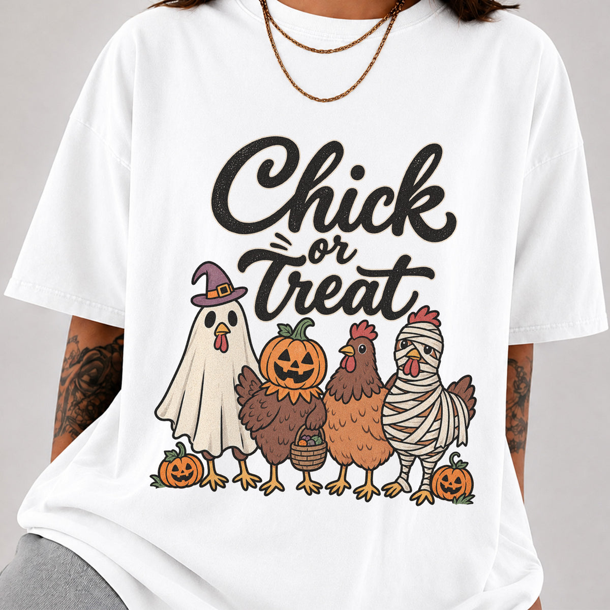Chick or Treat Halloween T-Shirt, Costume Chicken and Pumpkin Graphic Tee