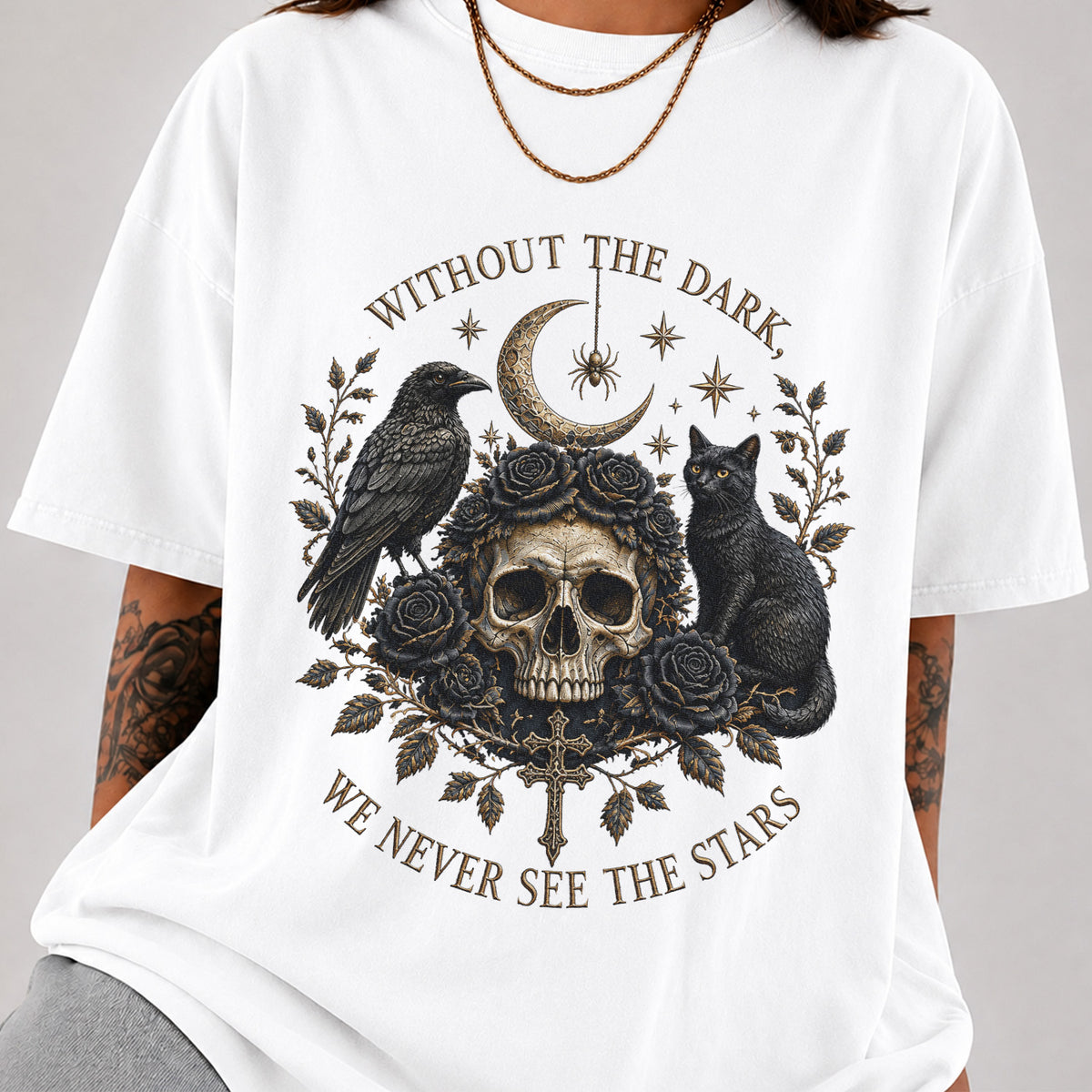 Dark Gothic Halloween T-Shirt, Black Cat & Raven Skull Spooky Tee