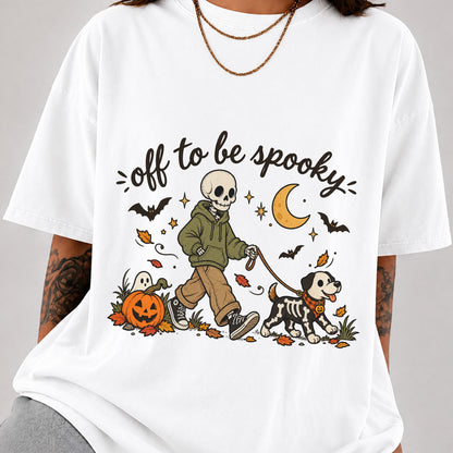 Off to Be Spooky Skeleton Walking Dog Halloween T-Shirt