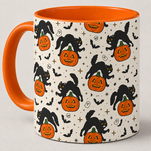 Spooky Black Cat & Pumpkin Halloween Mug