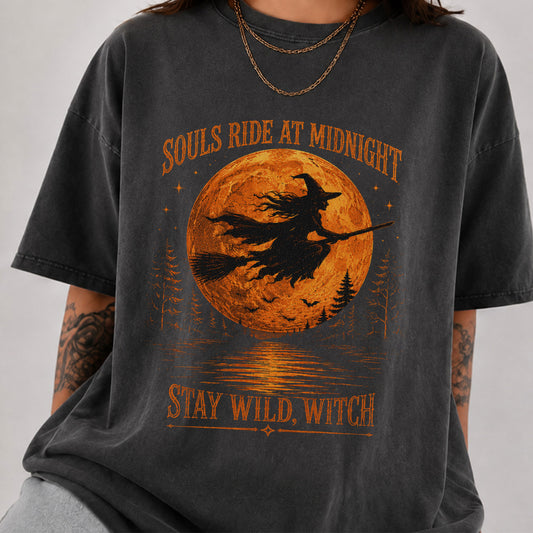 Vintage Witch Halloween Shirt – Souls Ride at Midnight Stay Wild Witch Graphic Tee